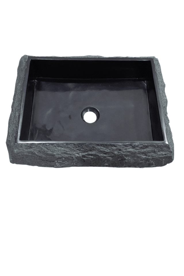 rechthoekige zwarte wasbak natuursteen andesiet met ruwe buitenkant 50x40x13 cm stoere zwarte natuurlijke wasbak