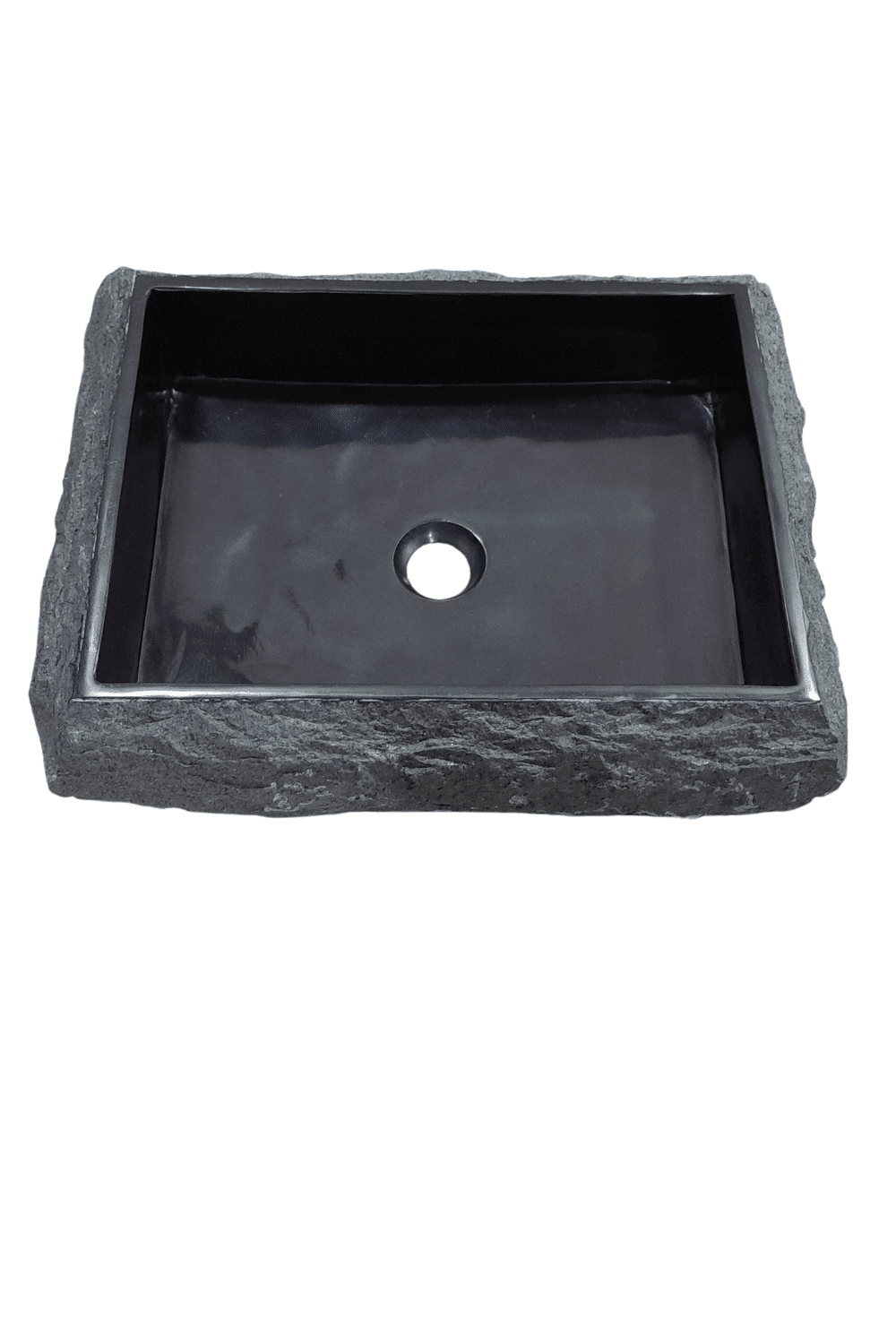 rechthoekige zwarte wasbak natuursteen andesiet met ruwe buitenkant 50x40x13 cm stoere zwarte natuurlijke wasbak