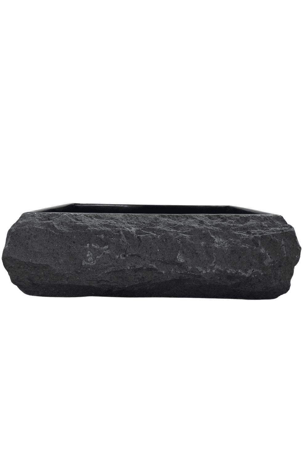rechthoekige zwarte wasbak natuursteen andesiet met ruwe buitenkant 50x40x13 cm stoere zwarte natuurlijke wasbak