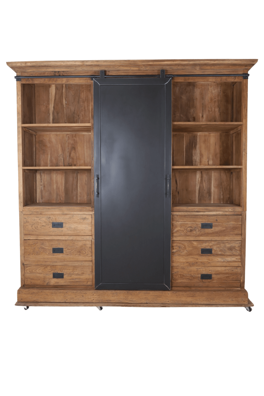 Grote stoere teak houten vitrine kast met metalen schuifdeur 222x52x220cm