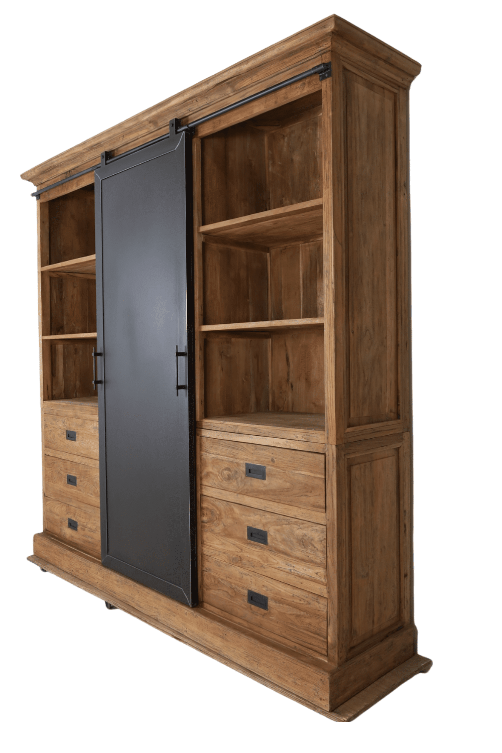 Grote stoere teak houten vitrine kast met metalen schuifdeur 222x52x220cm