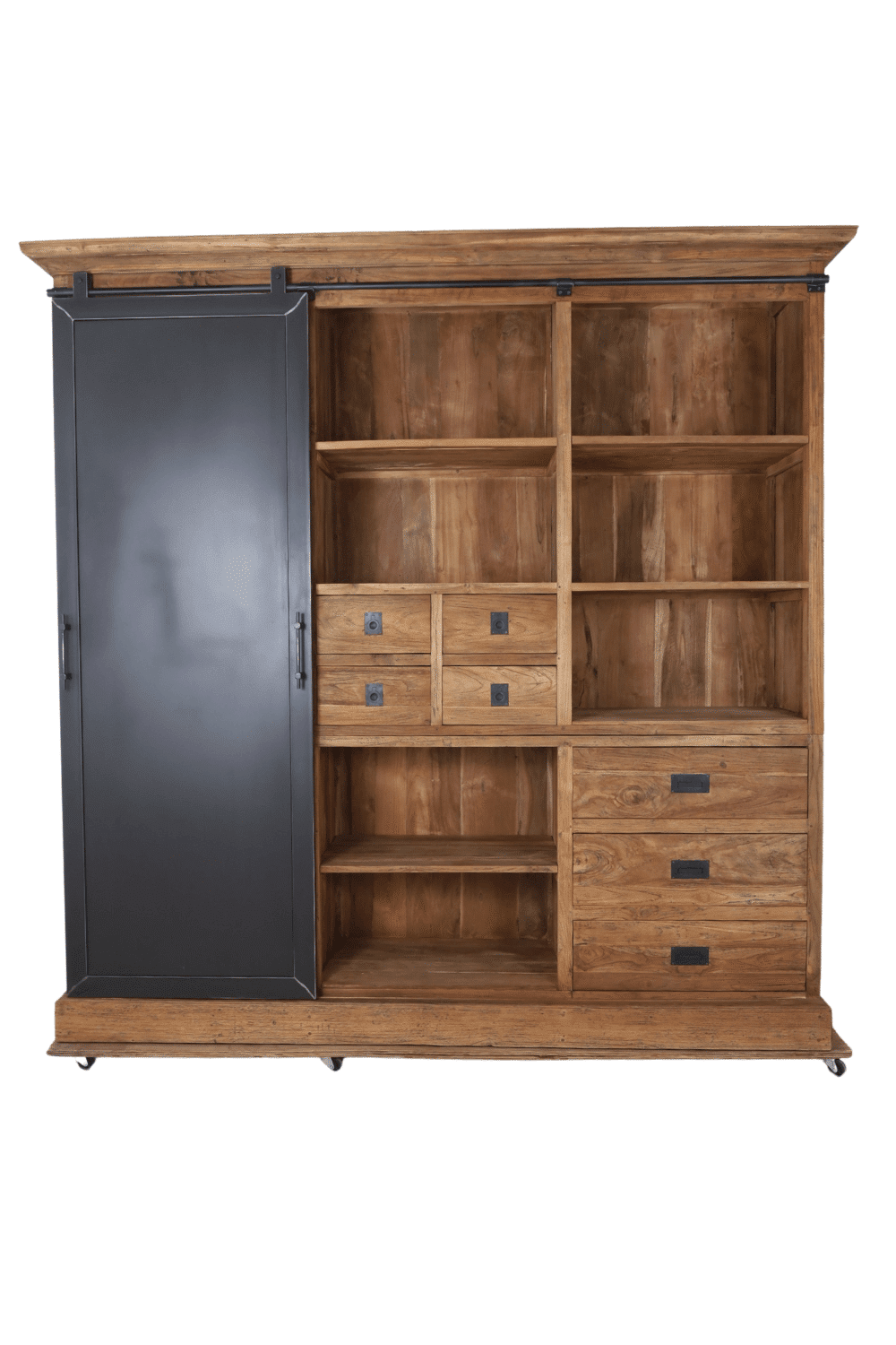 Grote stoere teak houten vitrine kast met metalen schuifdeur 222x52x220cm