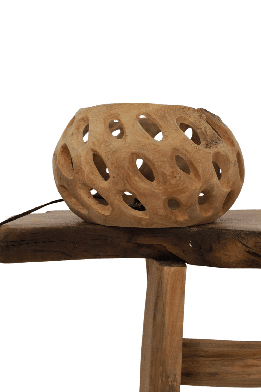 Teak houten tafel lamp rond met gaten 30x30x18 cm
