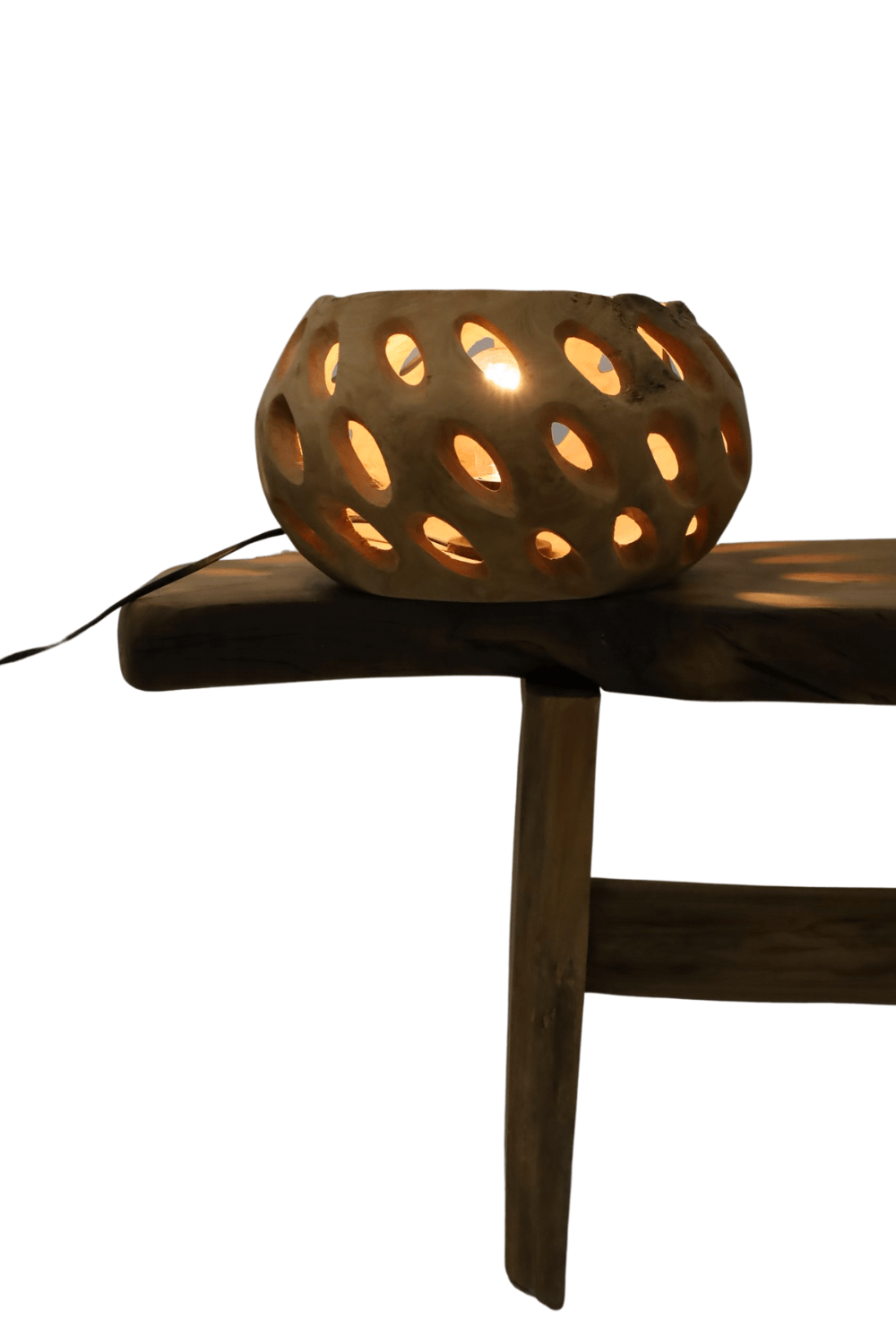 Teak houten tafel lamp rond met gaten 30x30x18 cm