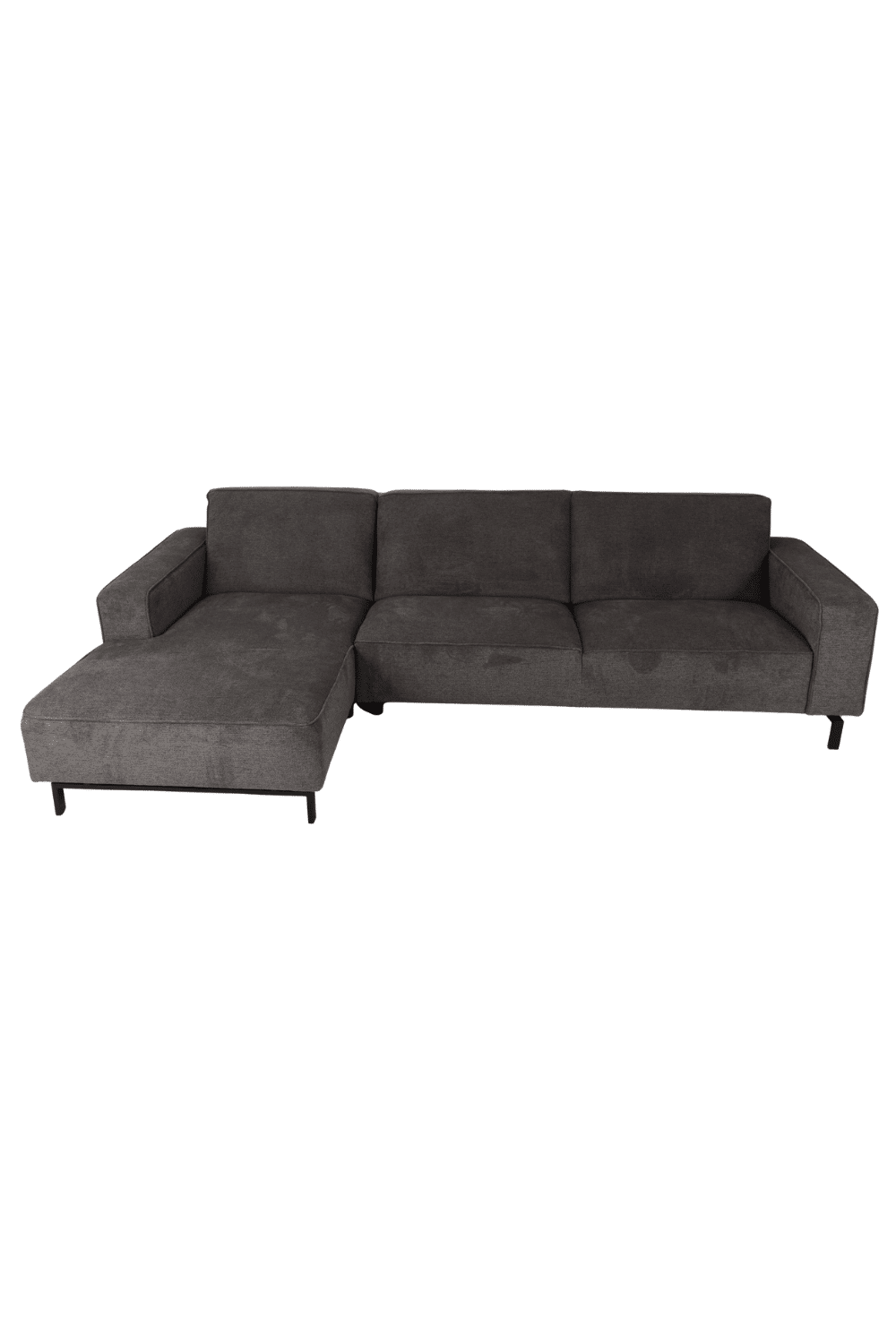 donker grijze hoekbank 300 cm met vaste kussens strak en modern model met bies strakke landelijke bank