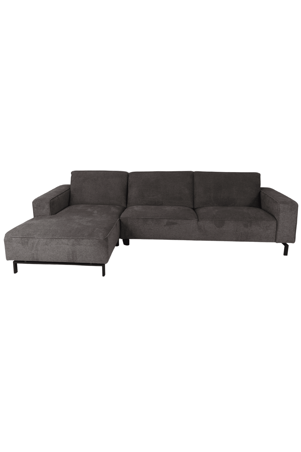 donker grijze hoekbank 300 cm met vaste kussens strak en modern model met bies strakke landelijke bank