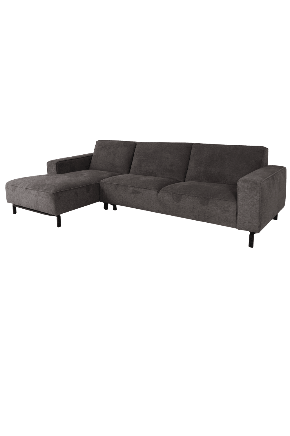 donker grijze hoekbank 300 cm met vaste kussens strak en modern model met bies
