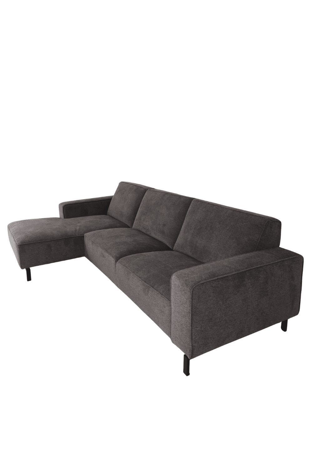 donker grijze hoekbank 300 cm met vaste kussens strak en modern model met bies