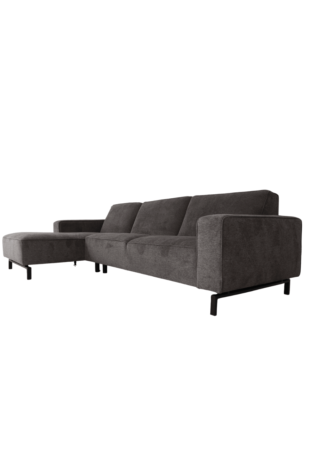 donker grijze hoekbank 300 cm met vaste kussens strak en modern model met bies