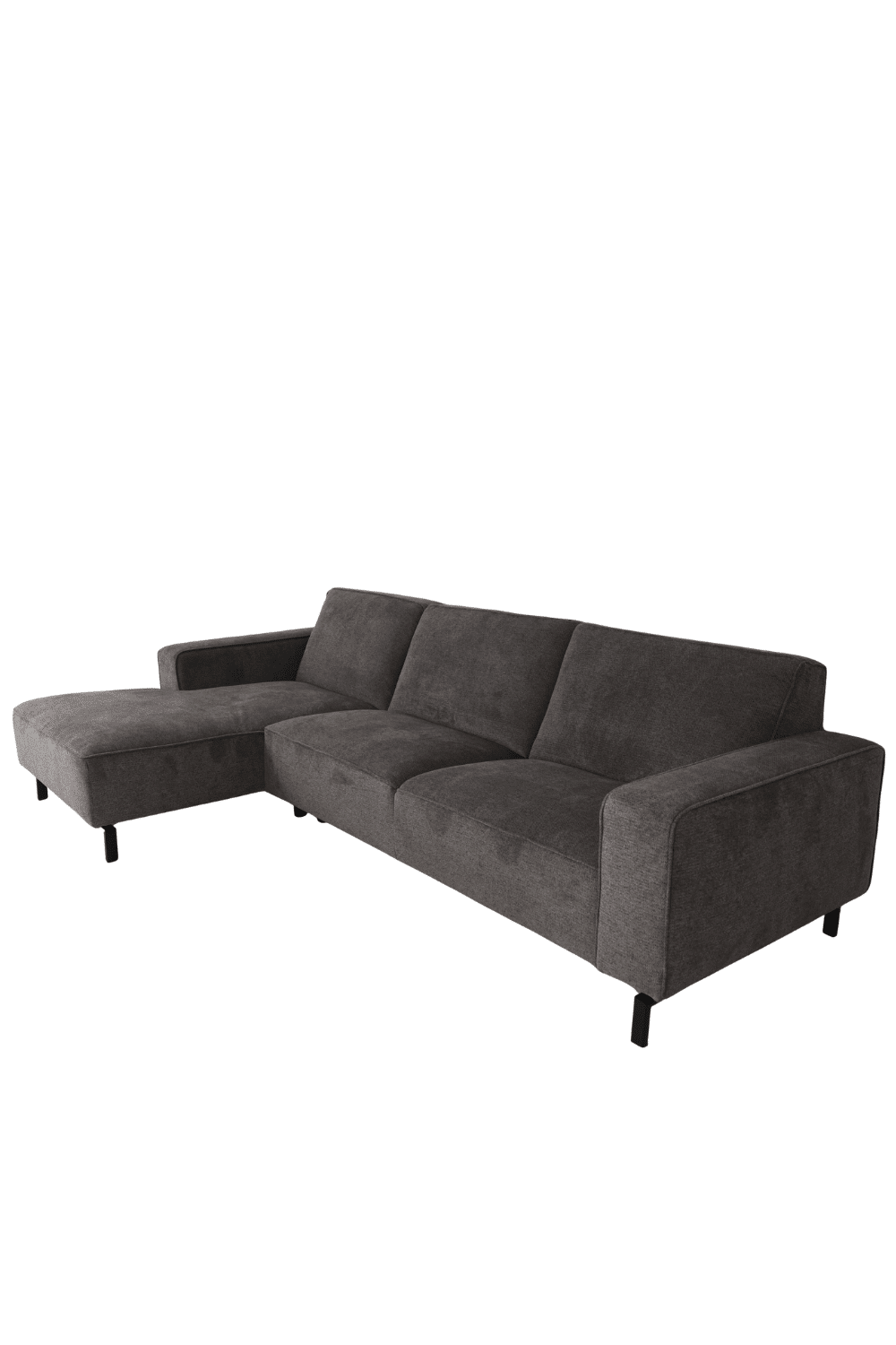 donker grijze hoekbank 300 cm met vaste kussens strak en modern model met bies strakke landelijke bank