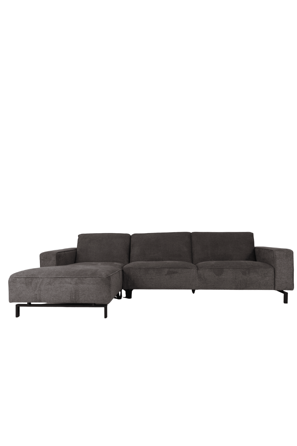 donker grijze hoekbank 300 cm met vaste kussens strak en modern model met bies strakke landelijke bank