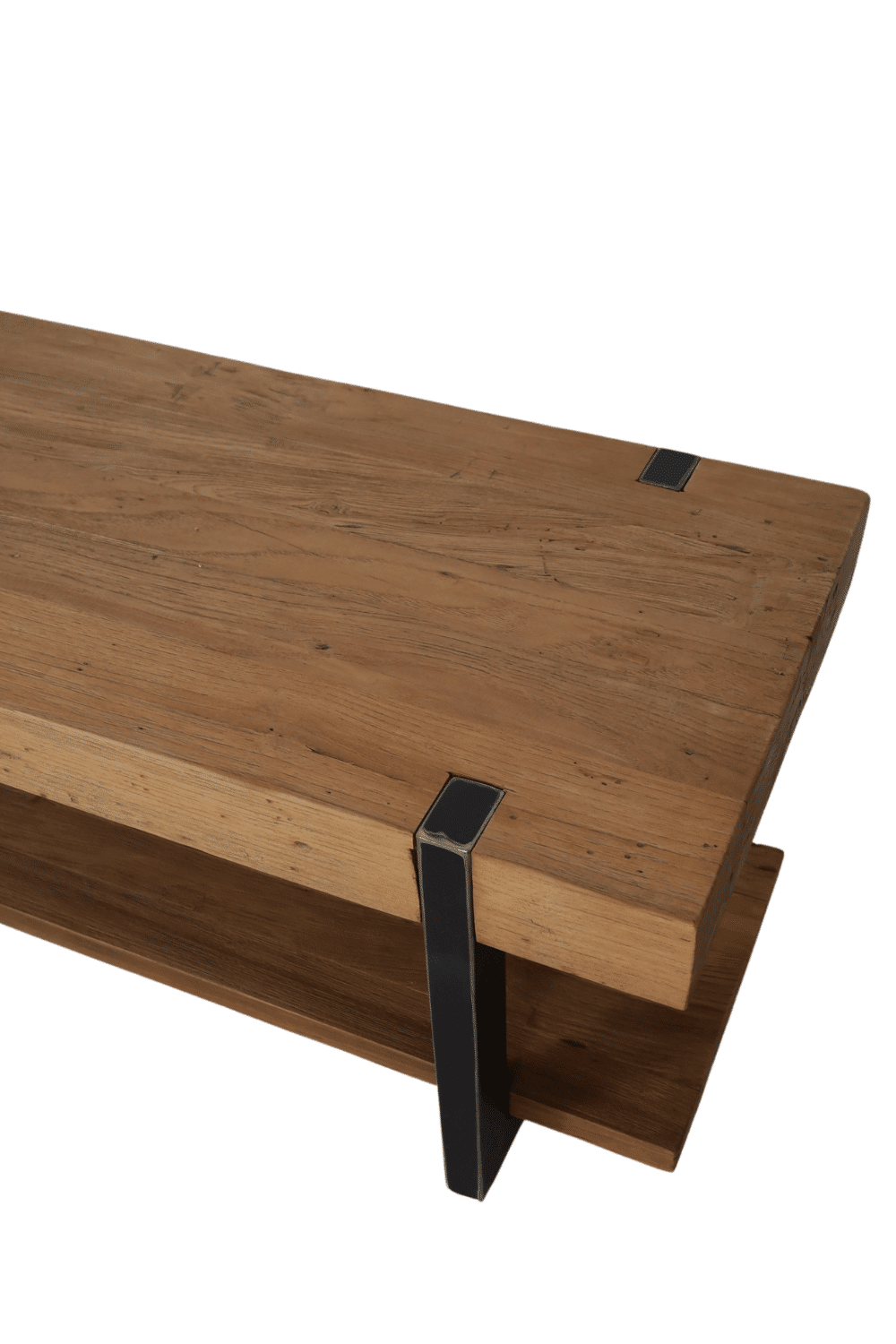 Stoere robuust tv meubel met dik massief teak houten blad en metalen poten 200x50x50 cm