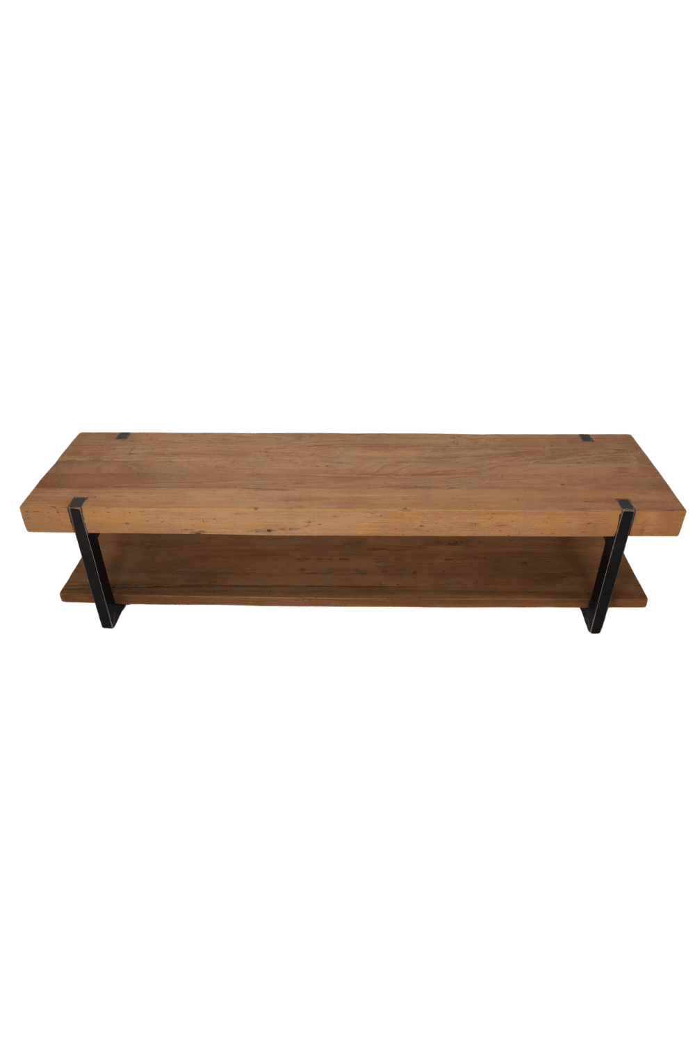 Stoere robuust tv meubel met dik massief teak houten blad en metalen poten 200x50x50 cm