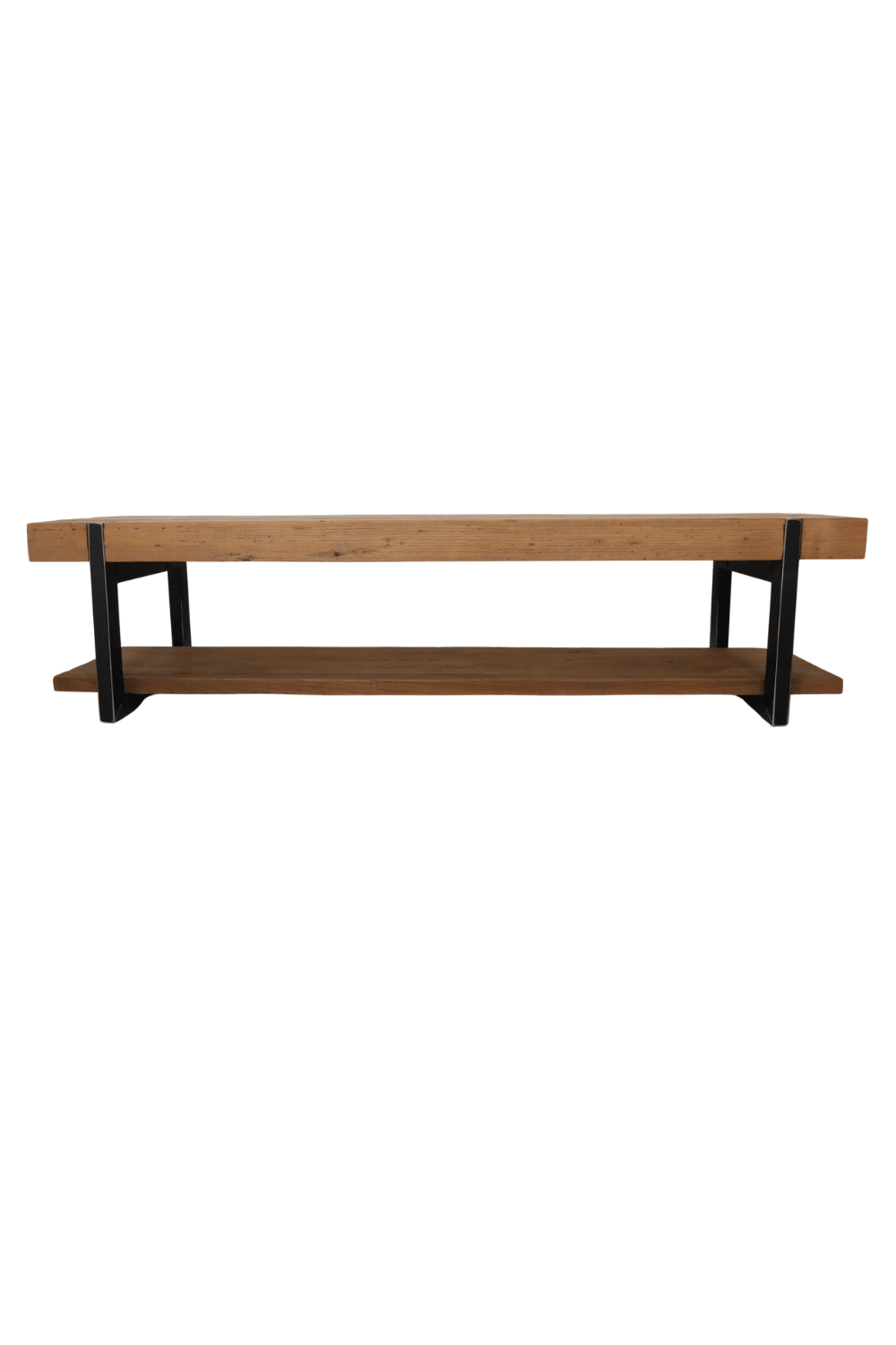 Stoere robuust tv meubel met dik massief teak houten blad en metalen poten 200x50x50 cm