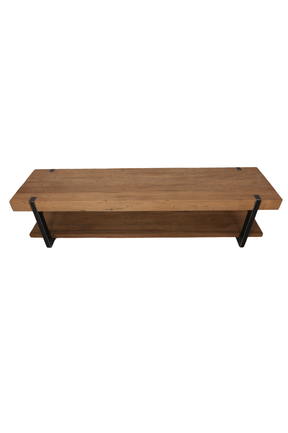 Stoere robuust tv meubel met dik massief teak houten blad en metalen poten 200x50x50 cm