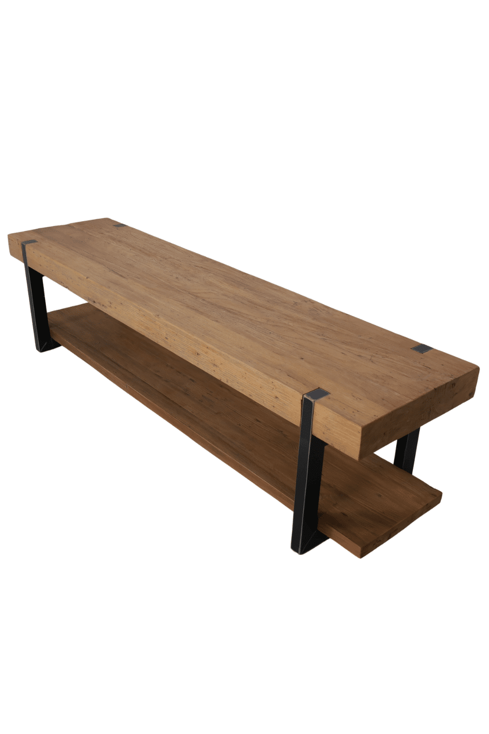 Stoere robuust tv meubel met dik massief teak houten blad en metalen poten 200x50x50 cm