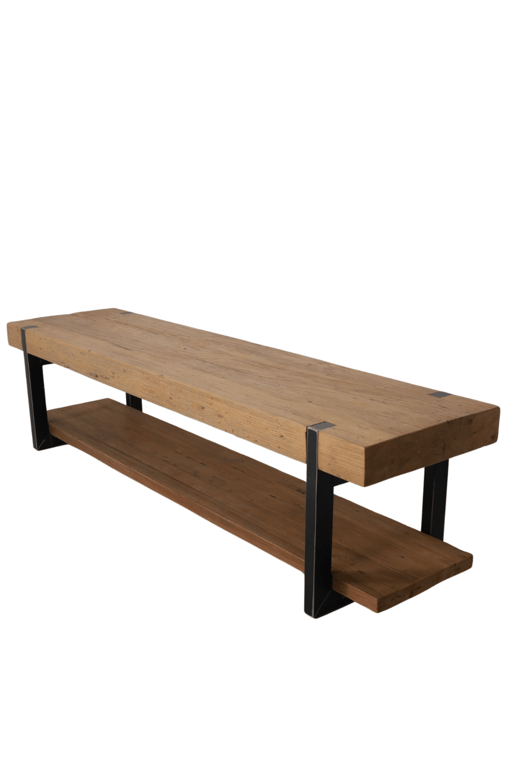 Stoere robuust tv meubel met dik massief teak houten blad en metalen poten 200x50x50 cm