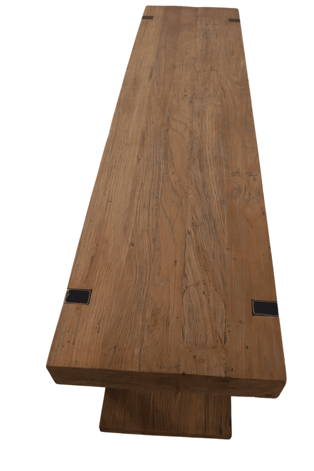 Stoere robuust tv meubel met dik massief teak houten blad en metalen poten 200x50x50 cm