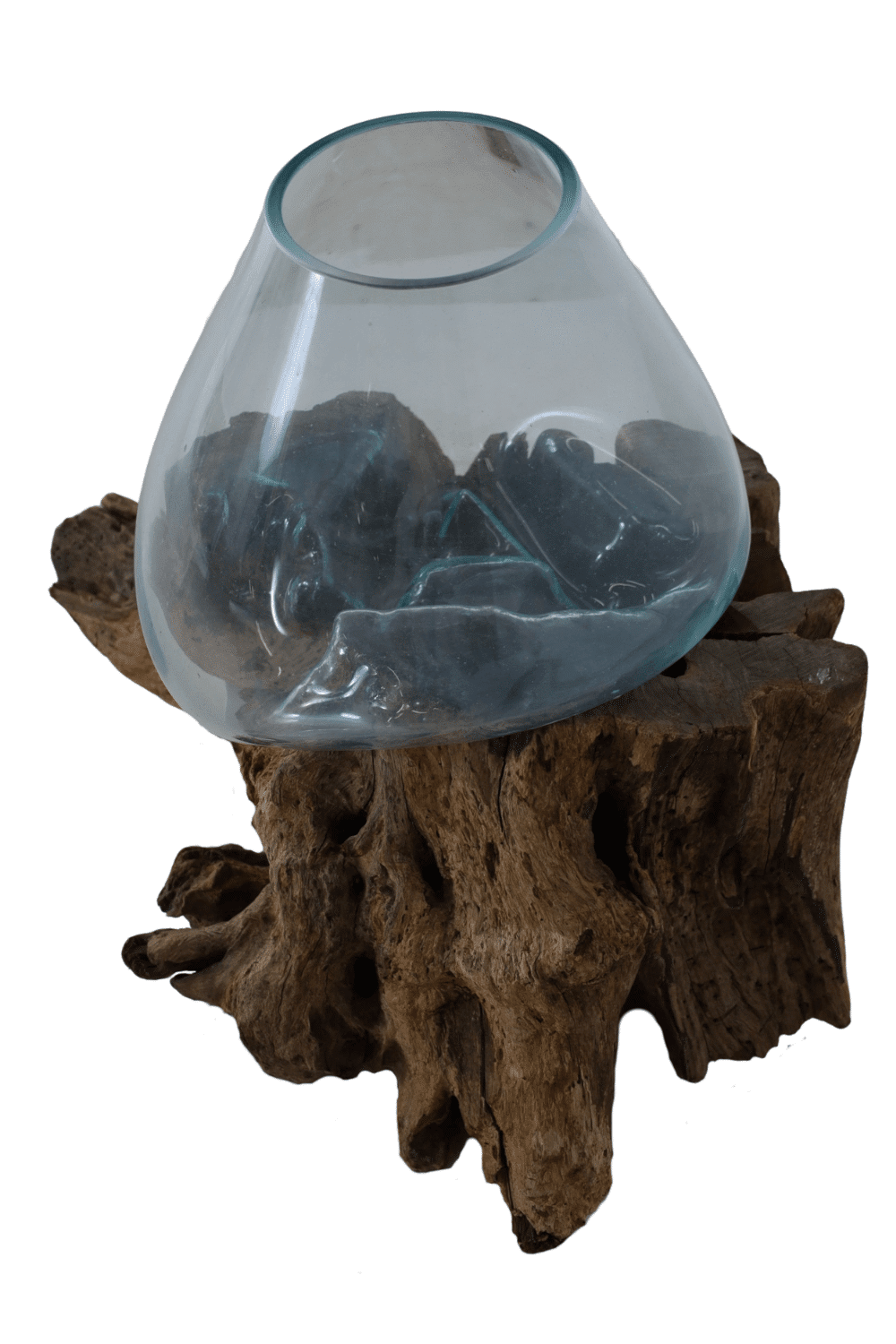 unieke vaas geblazen glas op ruwe teak houten stronk, tafelstuk