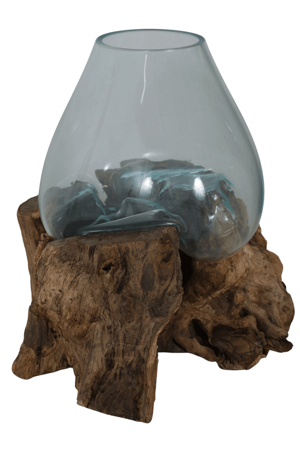 unieke vaas geblazen glas op ruwe teak houten stronk, tafelstuk