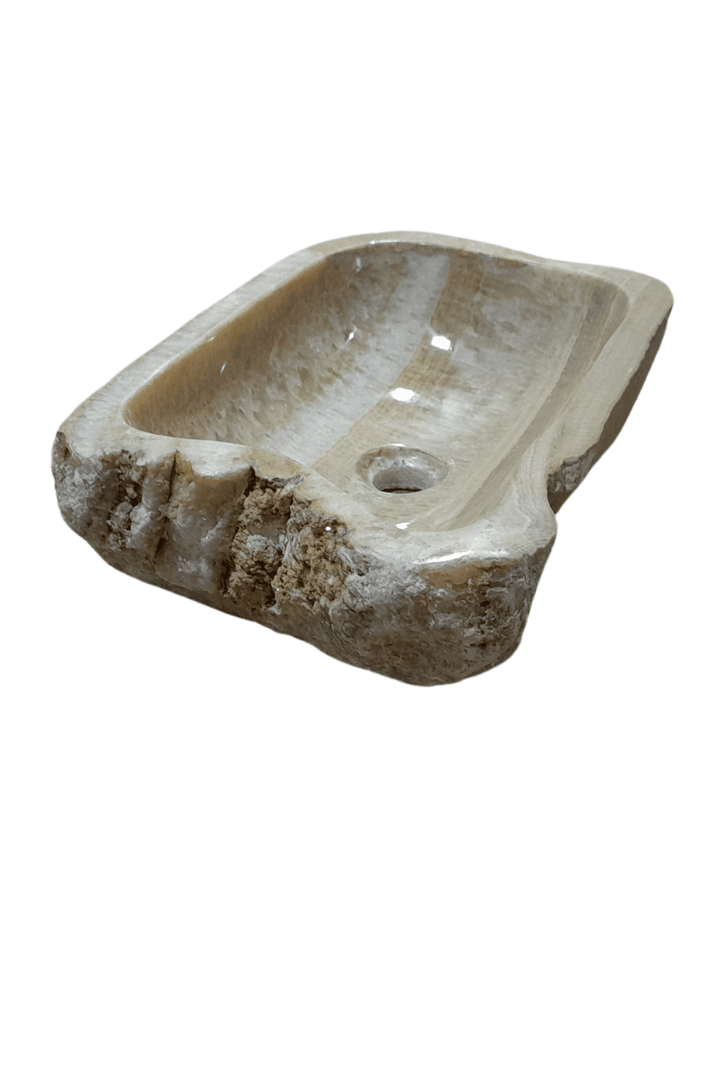 Beige natuurstenen wasbak met ruwe buitenkant onyx