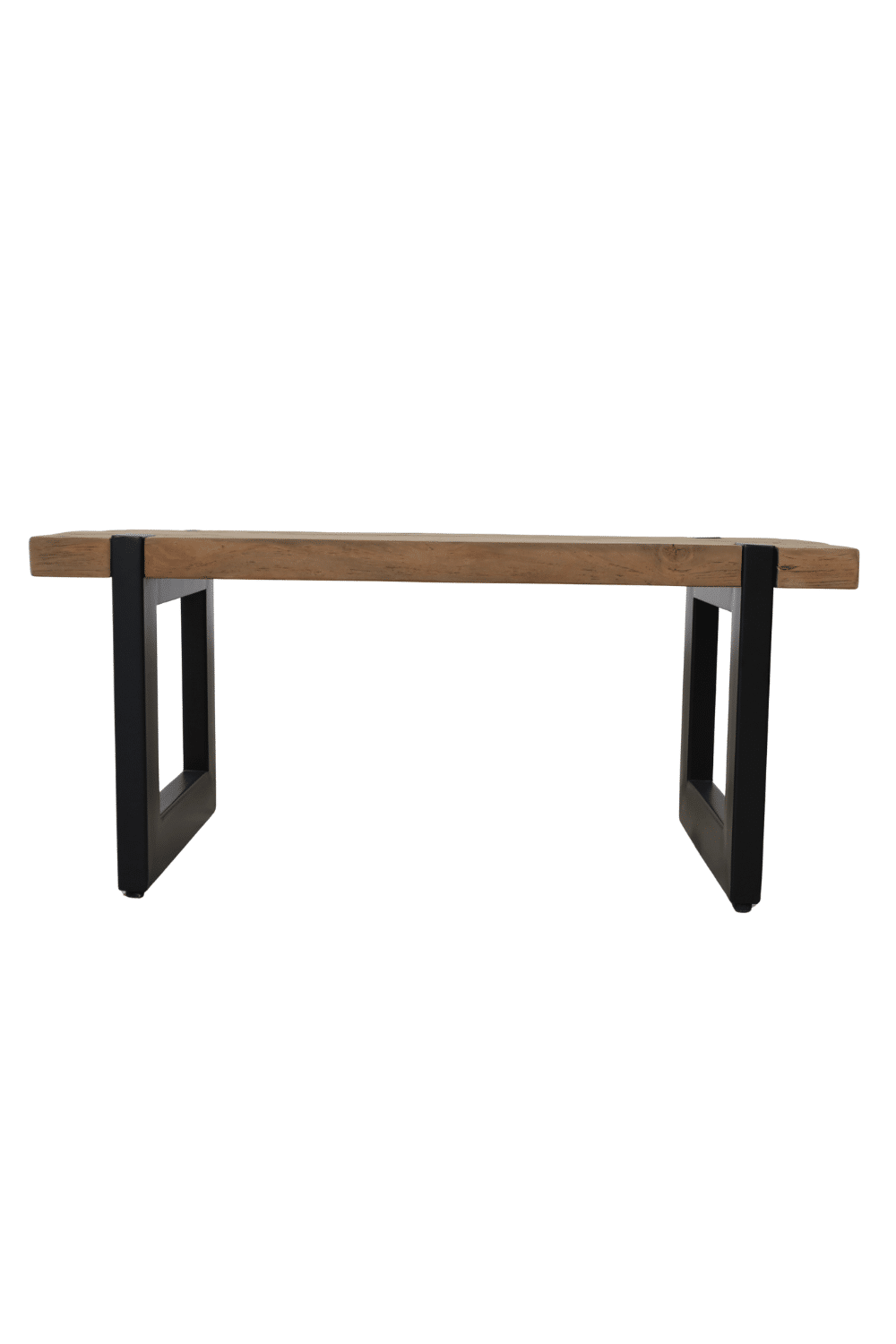 teak houten salontafel 100x50 cm metalen poten door het blad lopend