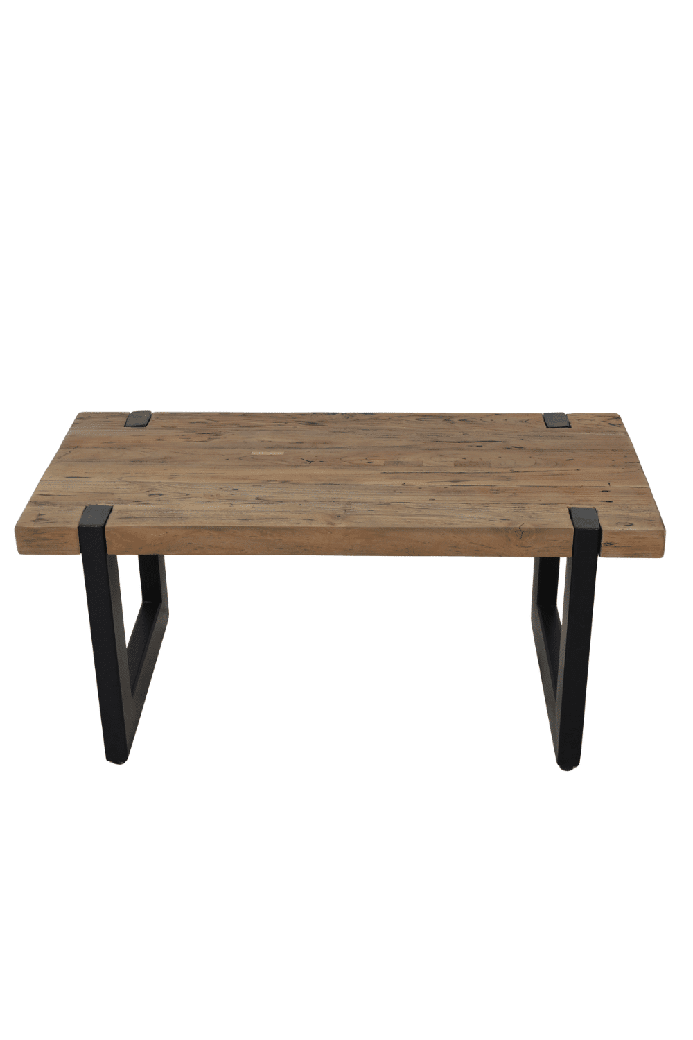 teak houten salontafel 100x50 cm metalen poten door het blad lopend