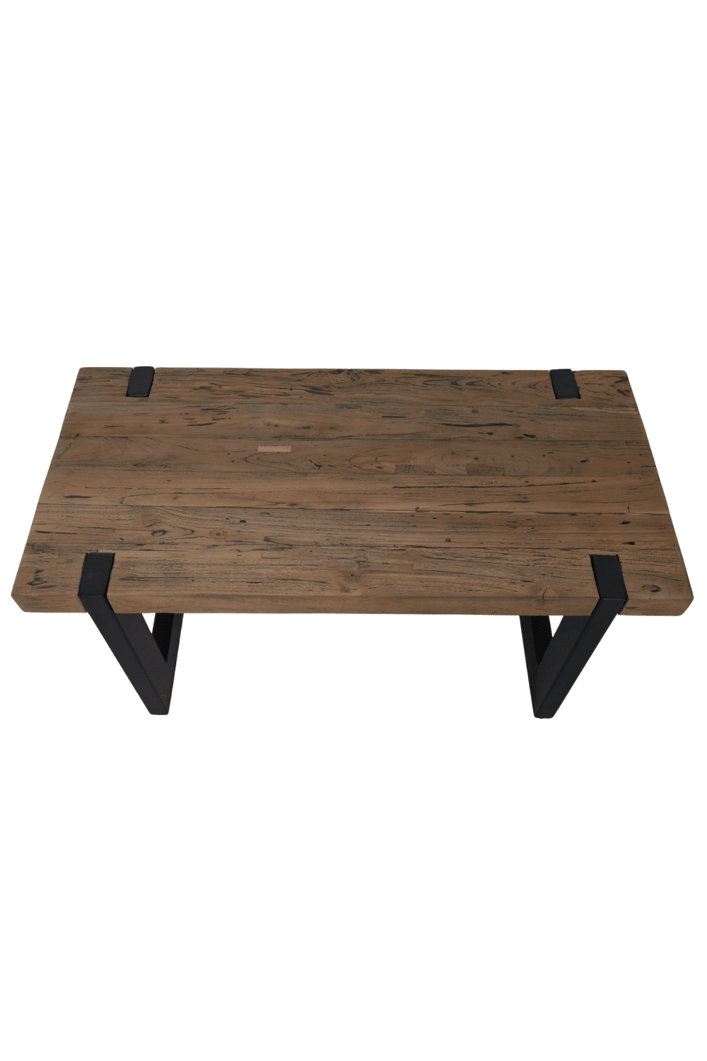 teak houten salontafel 100x50 cm metalen poten door het blad lopend