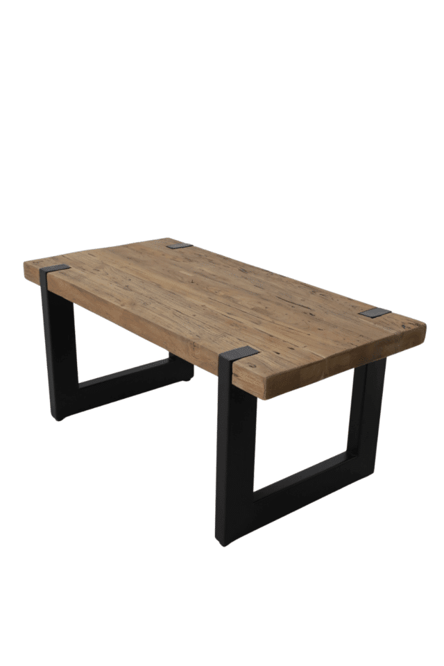 teak houten salontafel 100x50 cm metalen poten door het blad lopend
