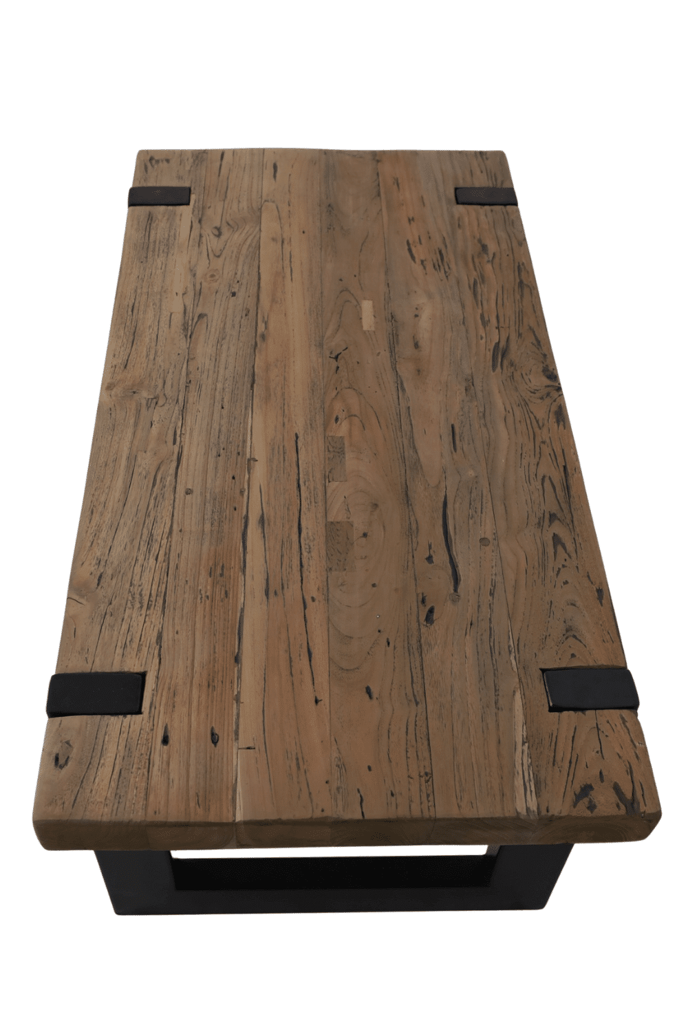 teak houten salontafel 100x50 cm metalen poten door het blad lopend