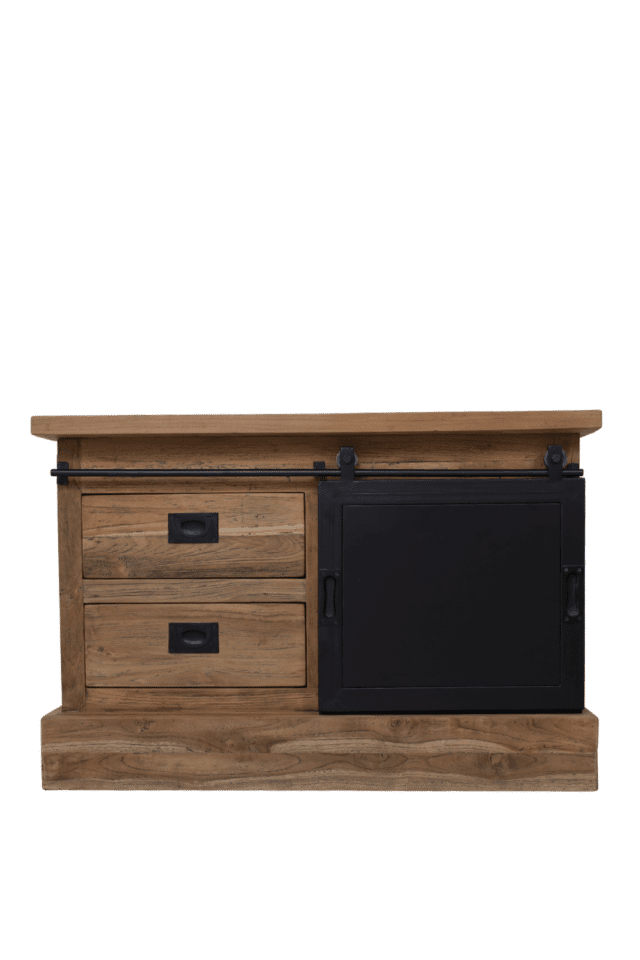 teak hout 90x46x60 cm Tv meubel met metalen schuifdeur