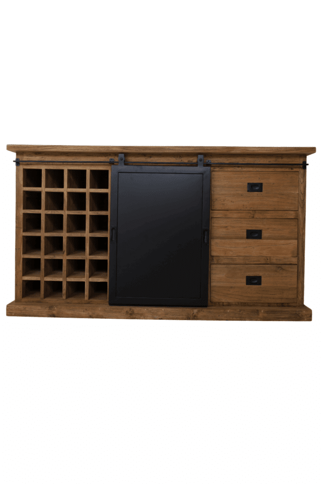 Dressoir met metalen schuifdeur, wijnrek en 3 lades 160x45x90 cm