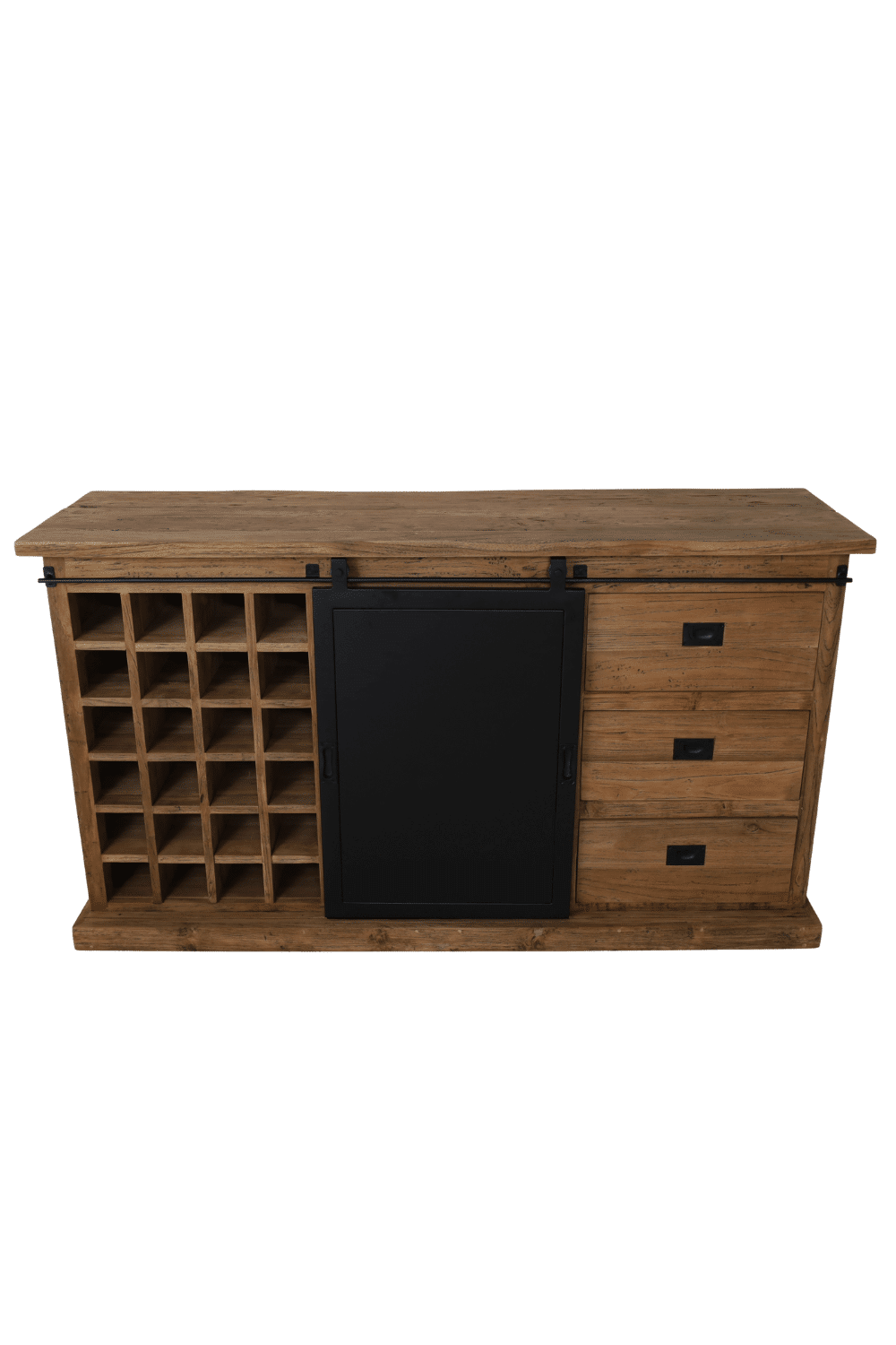 Dressoir met metalen schuifdeur, wijnrek en 3 lades 160x45x90 cm