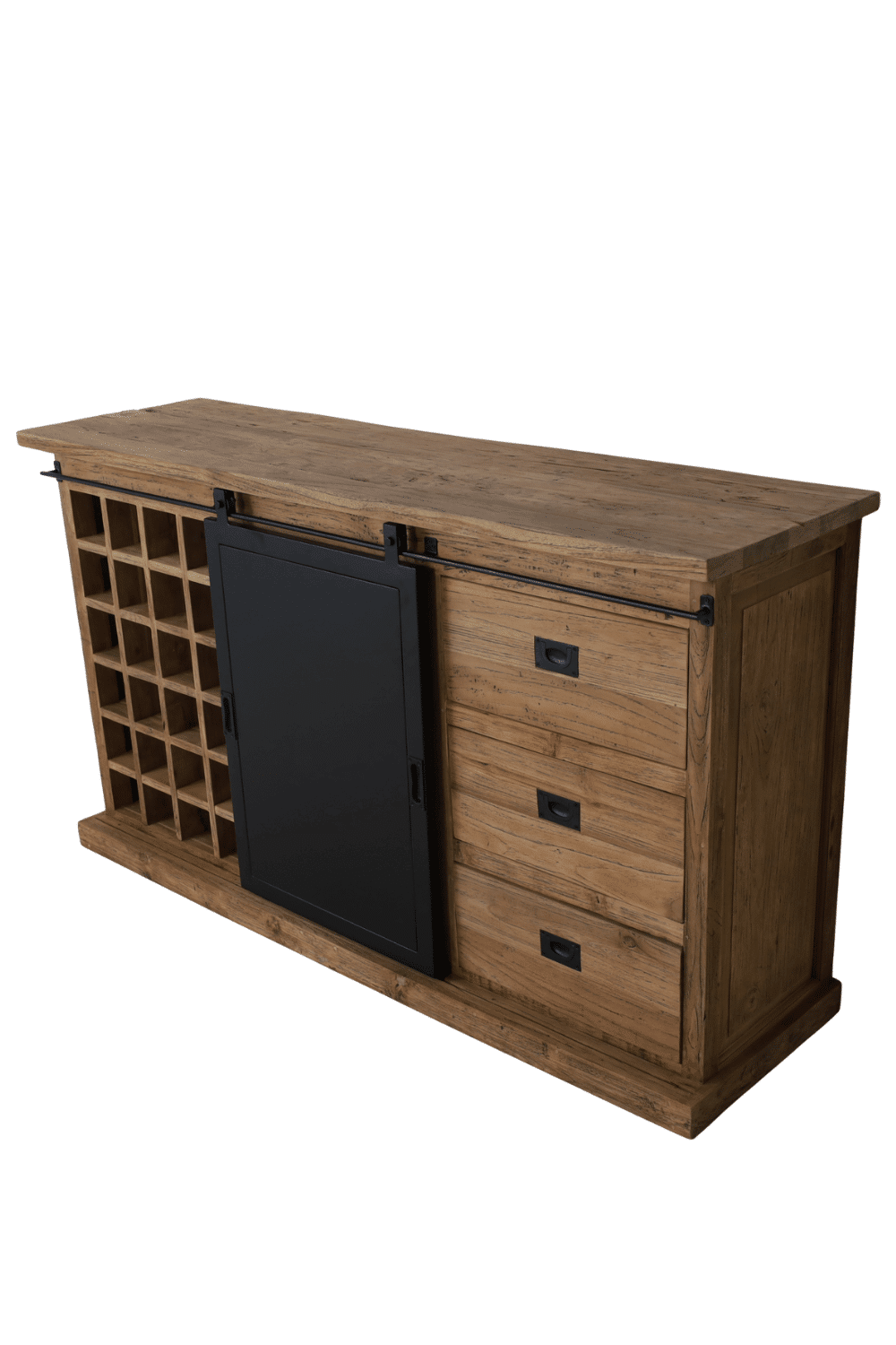 Dressoir met metalen schuifdeur, wijnrek en 3 lades 160x45x90 cm