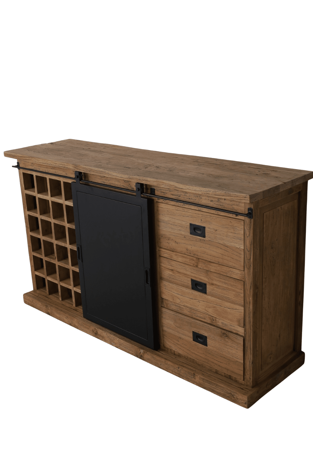 Dressoir met metalen schuifdeur, wijnrek en 3 lades 160x45x90 cm