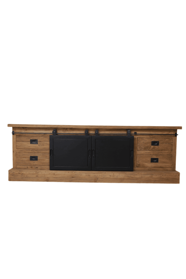 industrieel teak houten tv meubel met metalen schuifdeuren tvd 23
