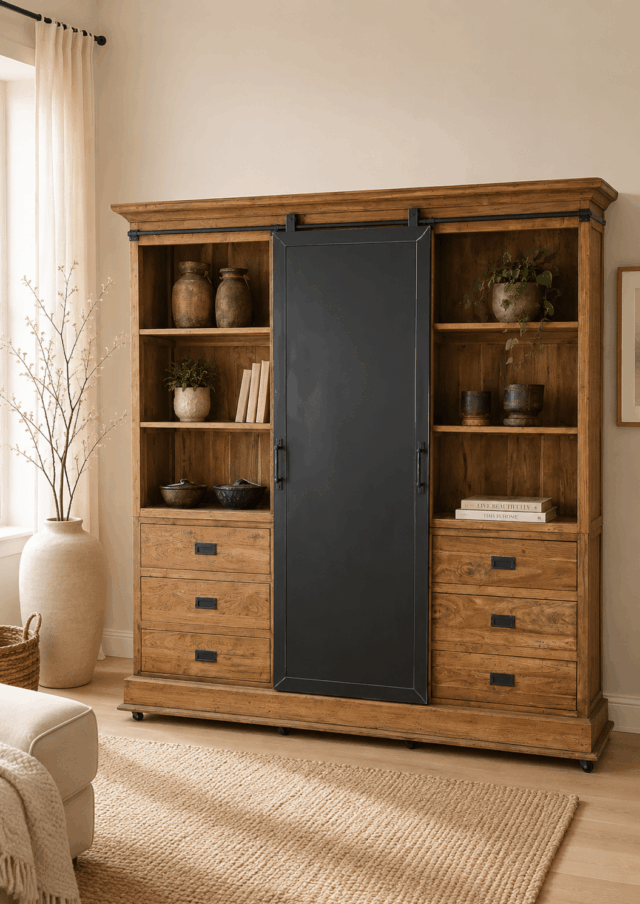 Grote-stoere-teak-houten-vitrine-kast-met-metalen-schuifdeur-222x52x220cm
