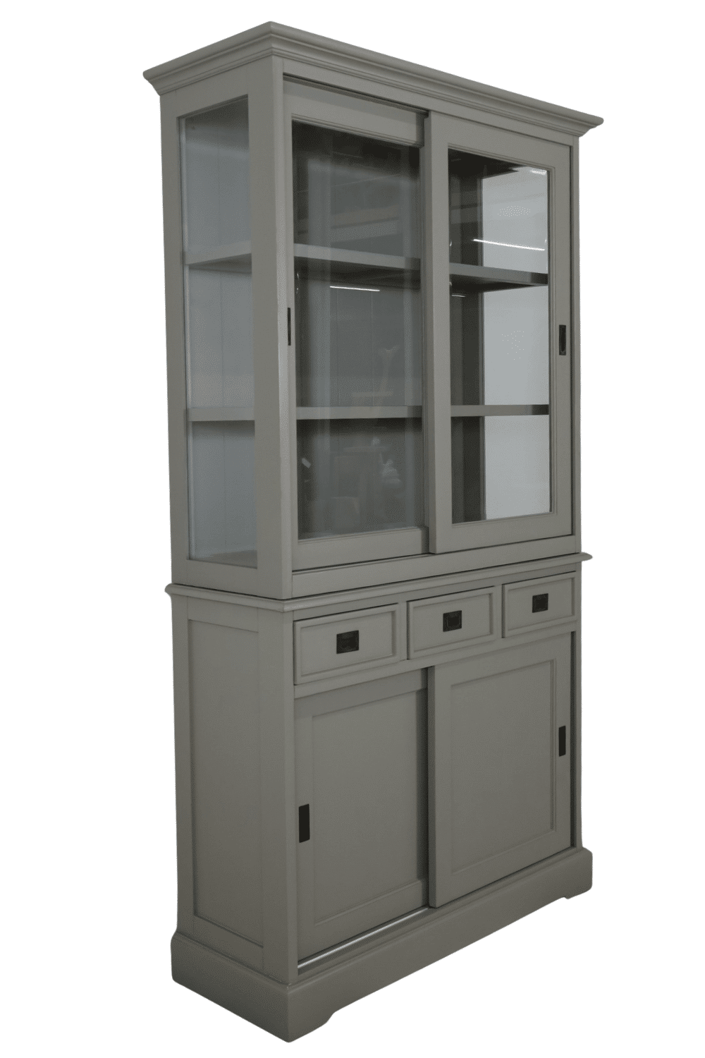 Kleine landelijke grijze vitrinekast met glas 120x43x210 cm