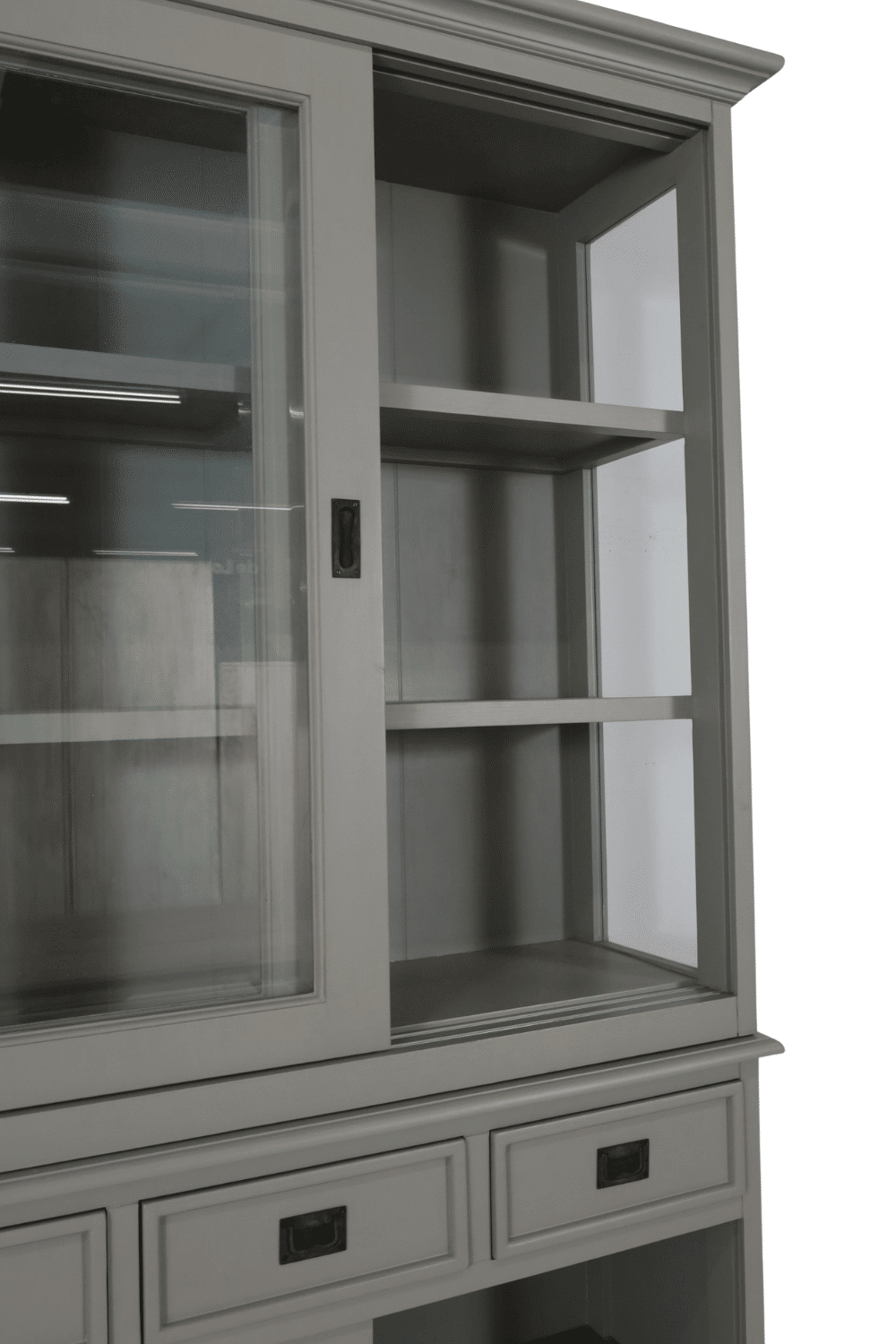 Kleine landelijke grijze vitrinekast met glas 120x43x210 cm