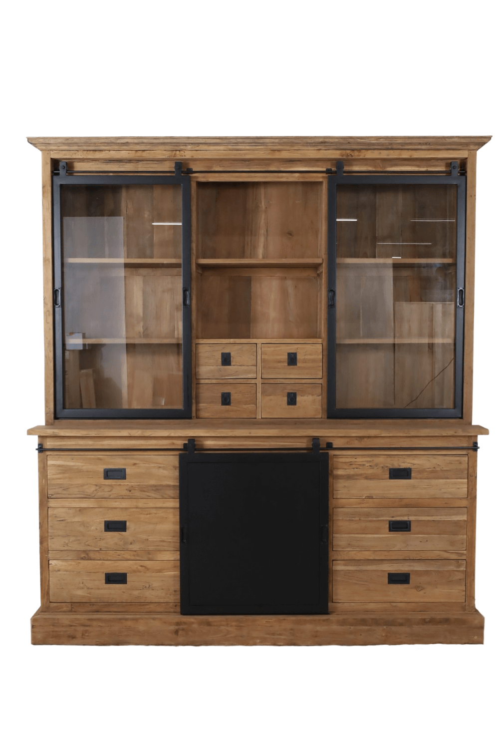 teak houten vitrinekast met metalen schuifdeuren 10 lade vitrinekast rural 240x57x218 cm