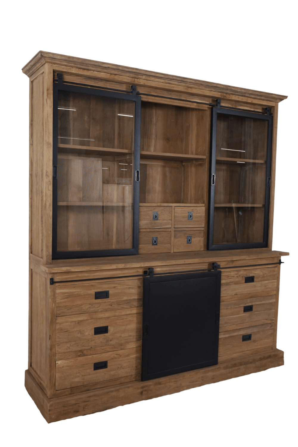 teak houten vitrinekast met metalen schuifdeuren 10 lade vitrinekast rural 240x57x218 cm