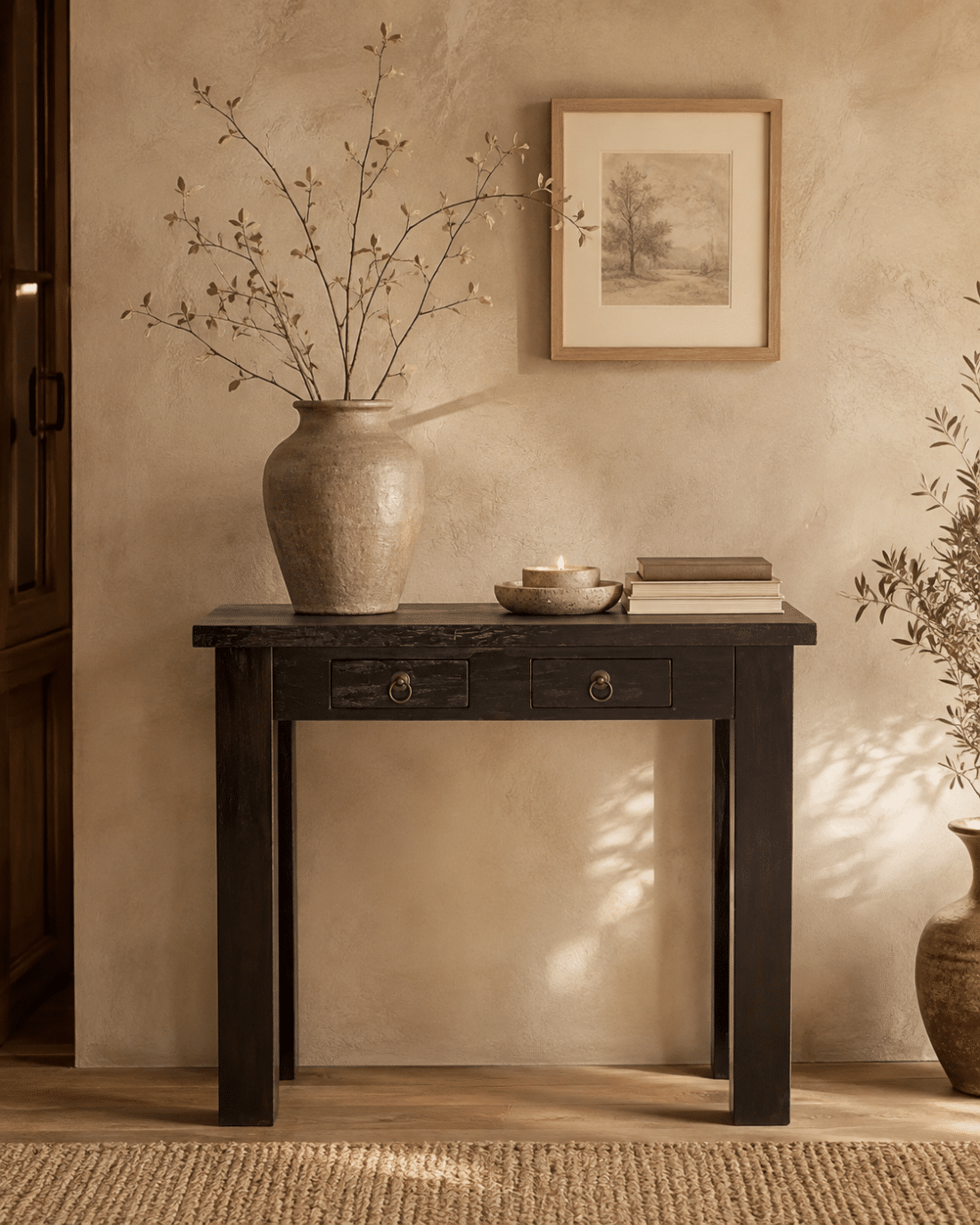 Donker houten sidetable met 2 lades Donker houten sidetable met 2 lades