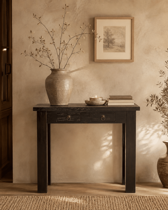 Donker houten sidetable met 2 lades