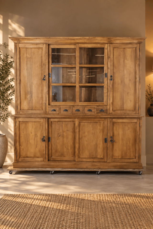 Klassieke landelijke teak houten vitrinekast 240 cm sem