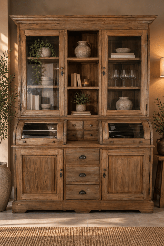 Klassieke-rustieke-teak-houten-vitrinekast-164x54x216-cm