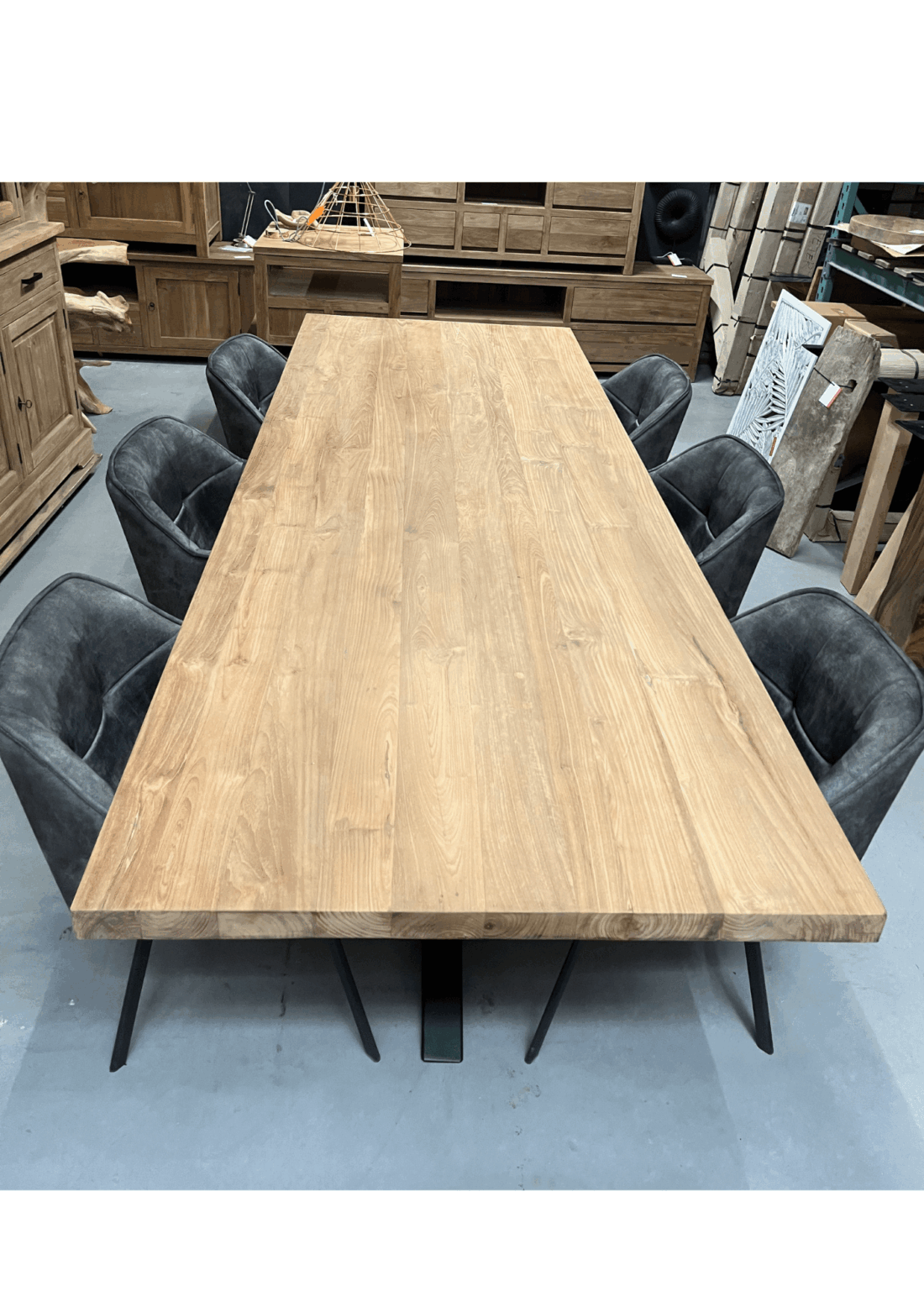 teak houten massieve eettafel met zwart matrix spin poot 280 cm