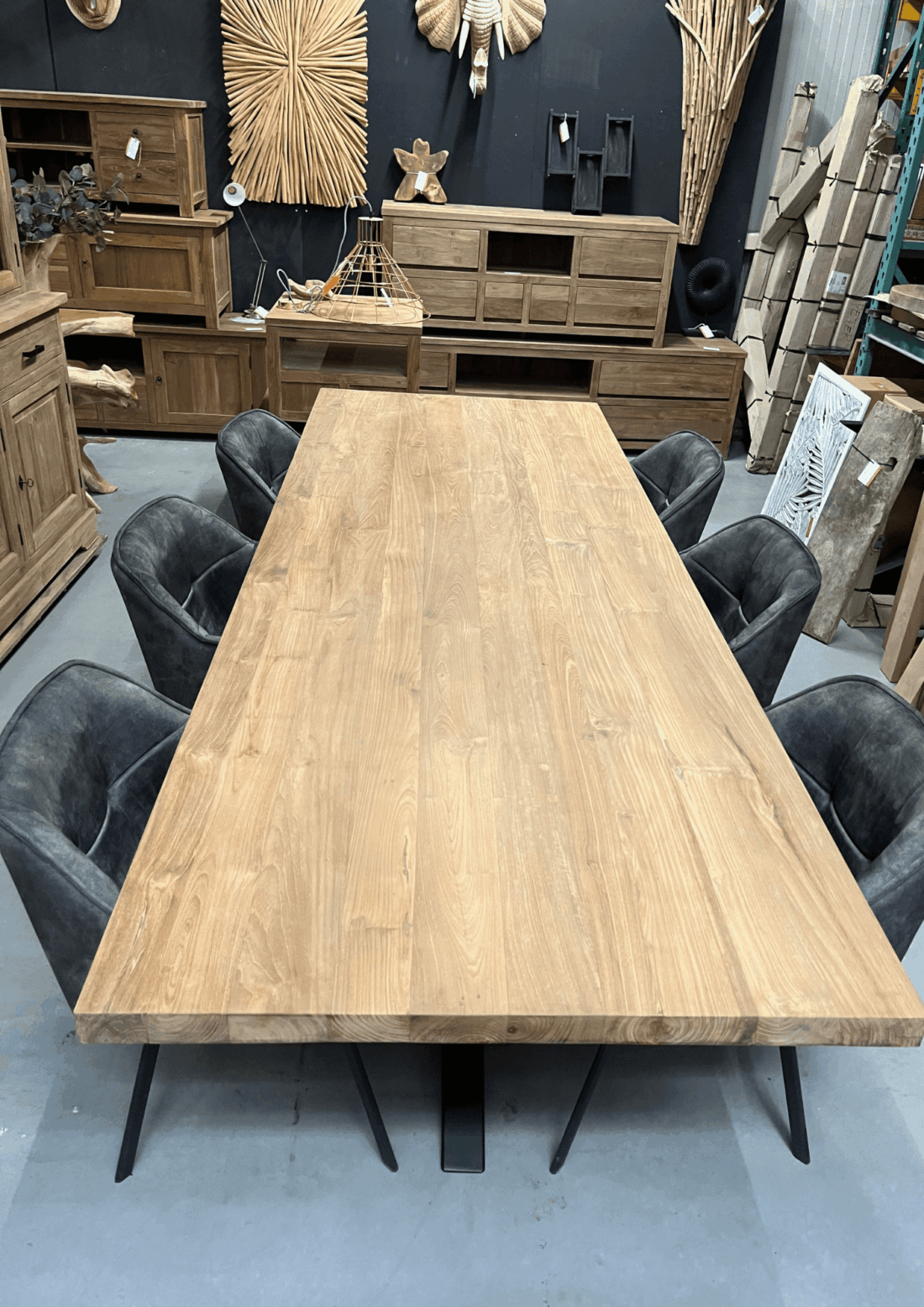 teak houten massieve eettafel met zwart matrix spin poot 280 cm
