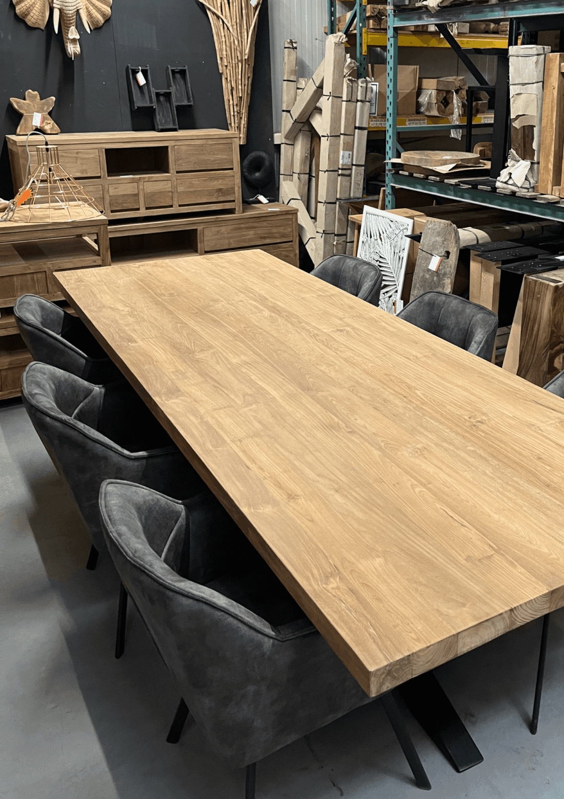 teak houten massieve eettafel met zwart matrix spin poot 280 cm