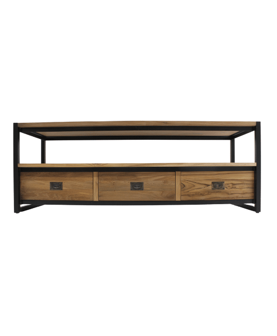 Tv meubel monaco teak hout met metaal 3 lades en open vak Tv meubel monaco teak hout met metaal 3 lades en open vak
