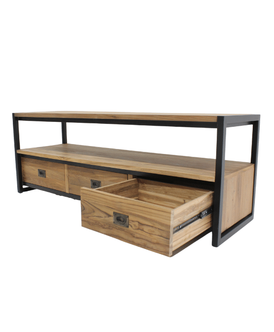 Tv meubel monaco teak hout met metaal 3 lades en open vak Tv meubel monaco teak hout met metaal 3 lades en open vak